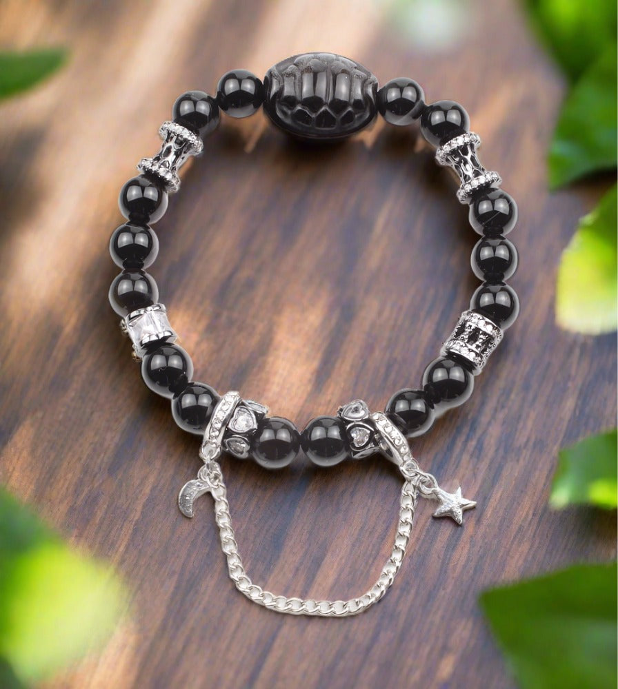 Black Obsidian Bracelet with Star & Moon Dangle Charm