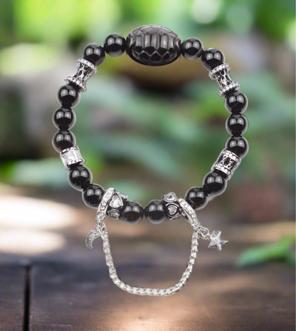 Black Obsidian Bracelet with Star & Moon Dangle Charm